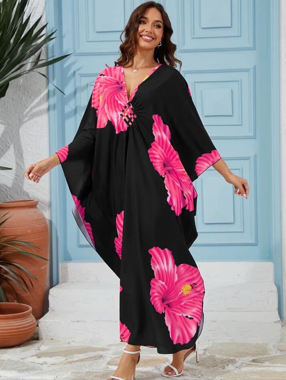 Kaftan Dress Floral Print Swimsuit Coverup Lightweight Fabric, V-Neck, One Size